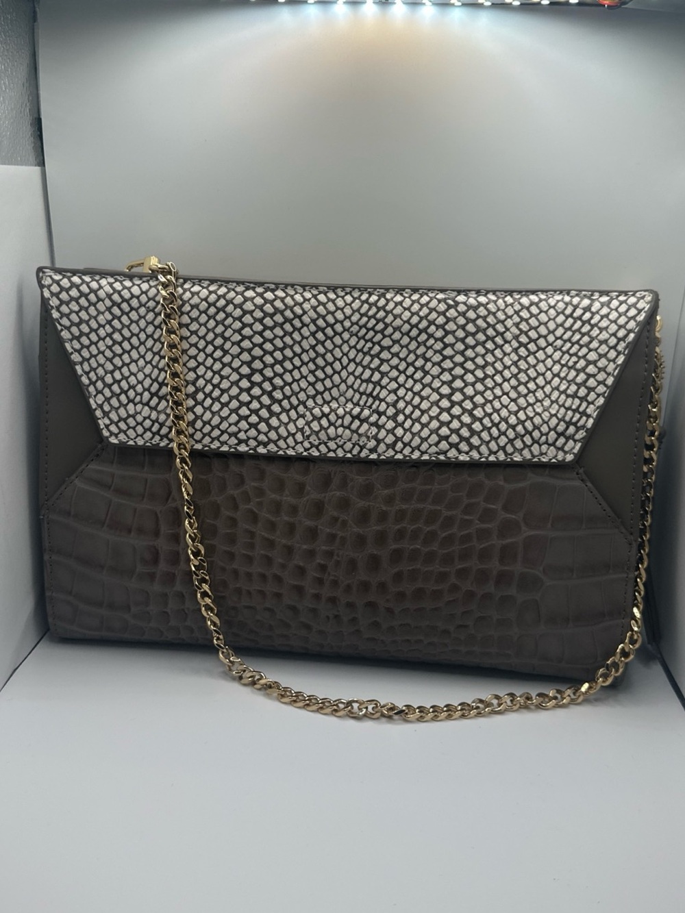 Vince Camuto Taupe Croc-Embossed Envelope Clutch or shoulder with Gold Chain NWT